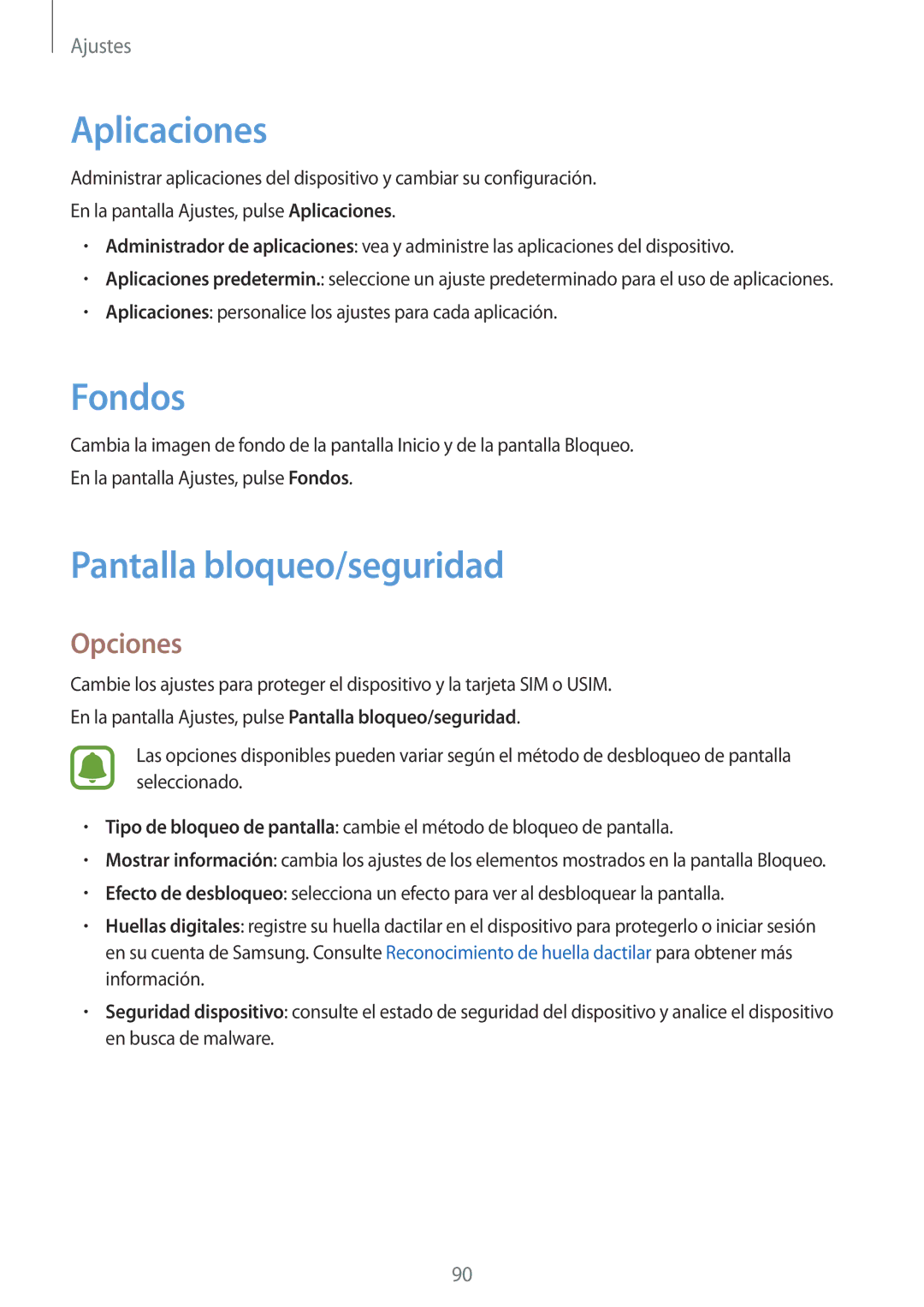 Samsung SM-T715NZWEPHE manual Aplicaciones, Fondos, Pantalla bloqueo/seguridad 