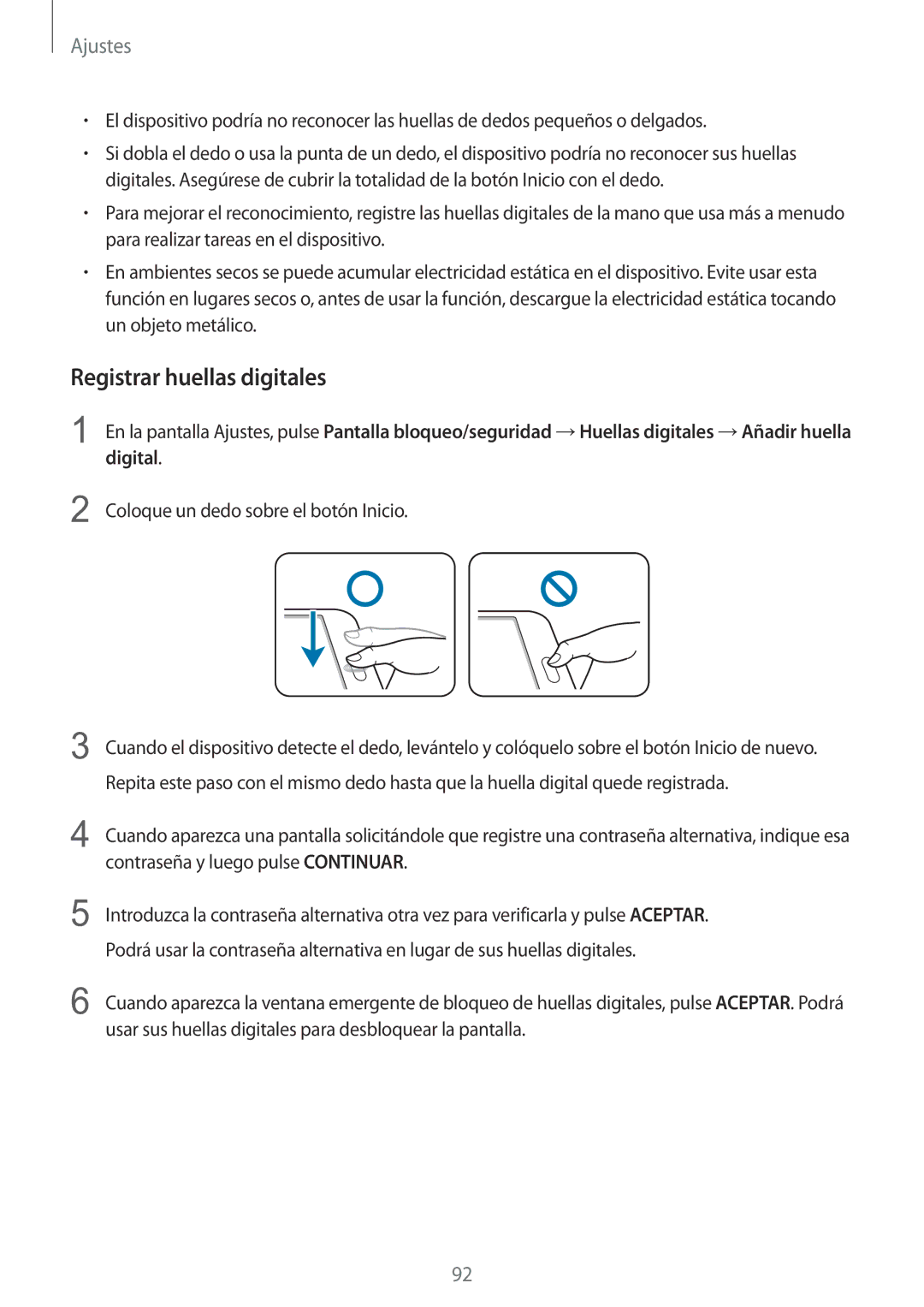 Samsung SM-T715NZWEPHE manual Registrar huellas digitales, Coloque un dedo sobre el botón Inicio 