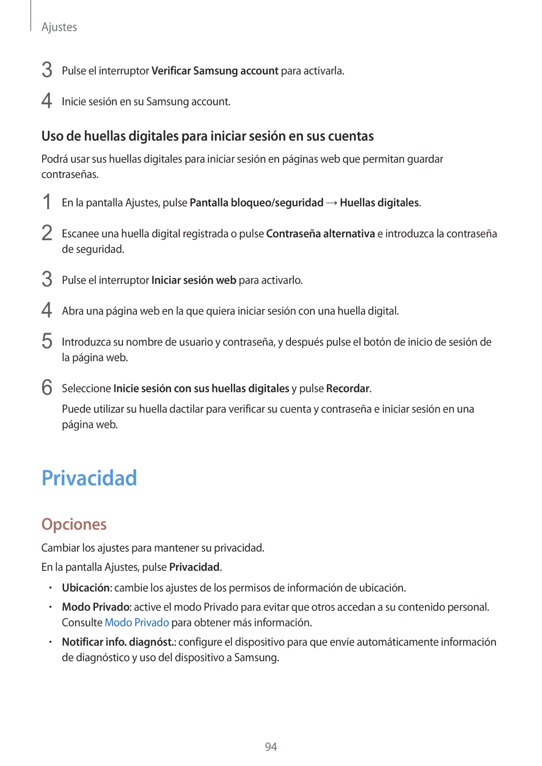 Samsung SM-T715NZWEPHE manual Privacidad, Uso de huellas digitales para iniciar sesión en sus cuentas 