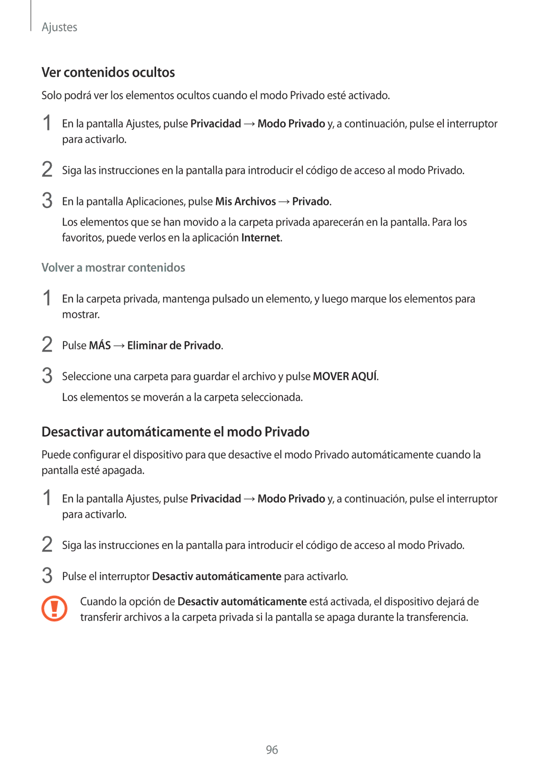 Samsung SM-T715NZWEPHE manual Ver contenidos ocultos, Desactivar automáticamente el modo Privado 