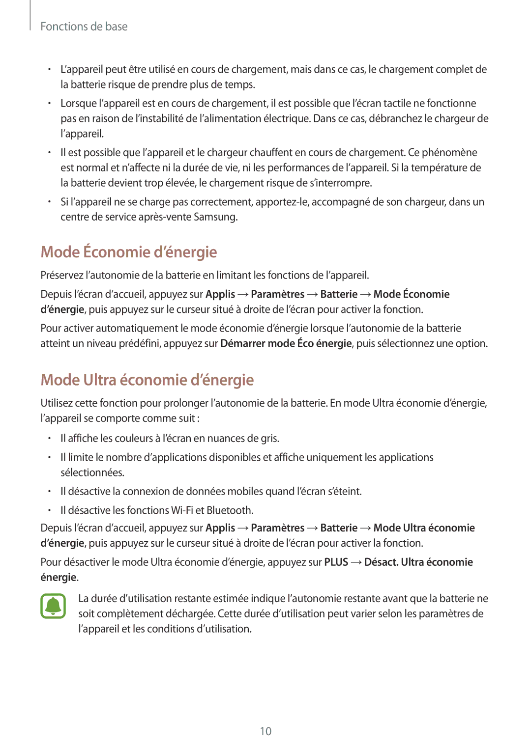 Samsung SM-T715NZWEXEF manual Mode Économie d’énergie, Mode Ultra économie d’énergie 