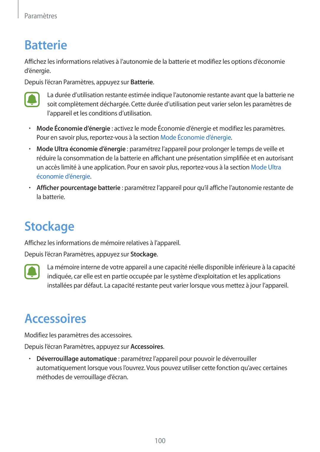 Samsung SM-T715NZWEXEF manual Stockage, Accessoires 