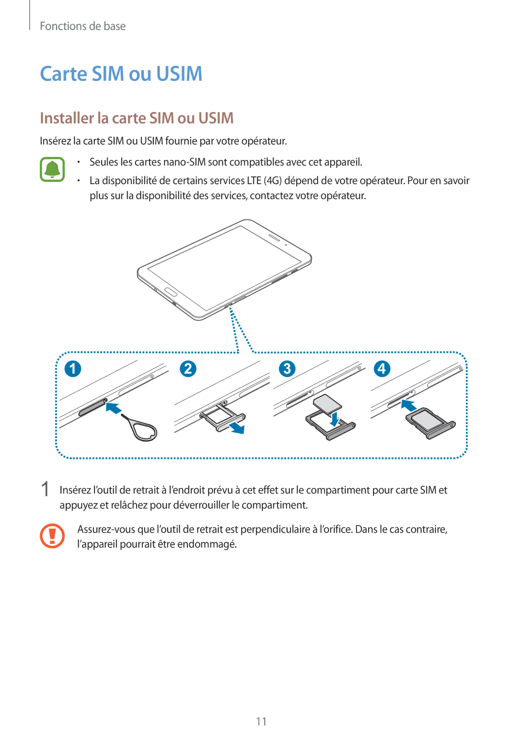 Samsung SM-T715NZWEXEF manual Carte SIM ou Usim, Installer la carte SIM ou Usim 