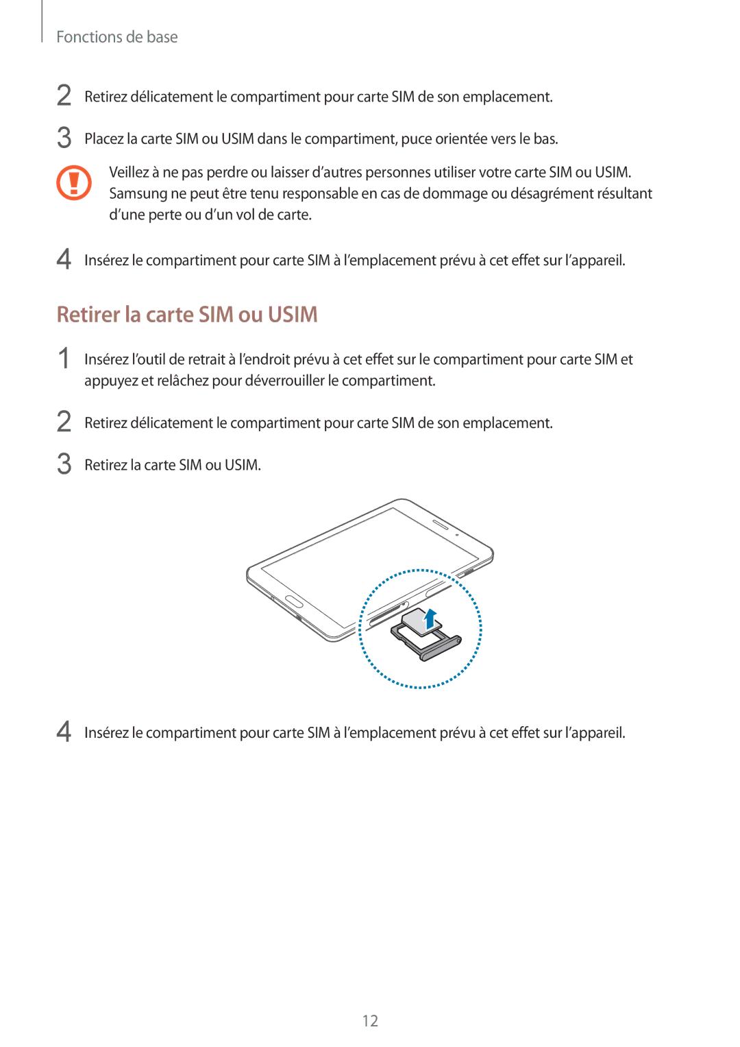 Samsung SM-T715NZWEXEF manual Retirer la carte SIM ou Usim 