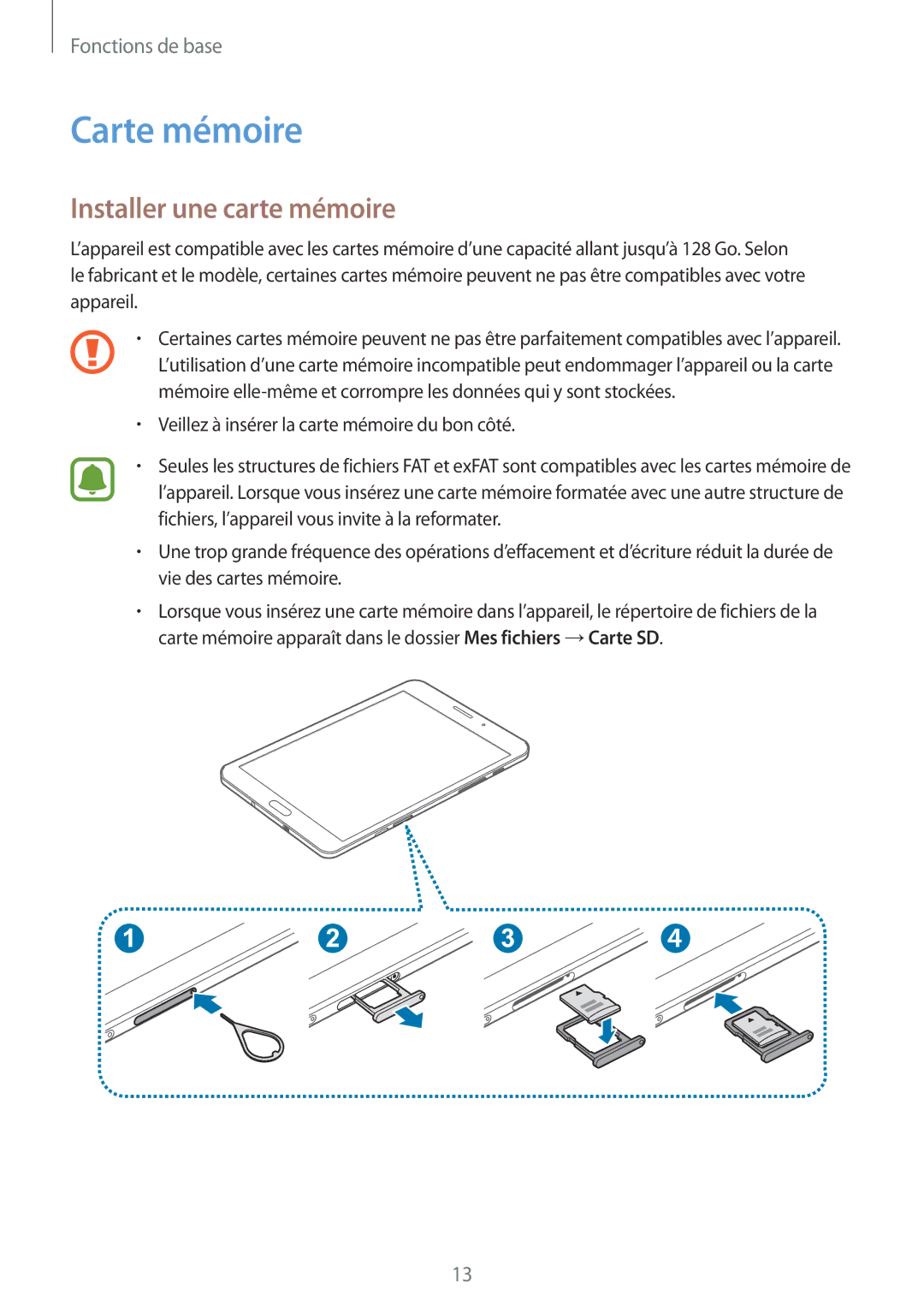 Samsung SM-T715NZWEXEF manual Carte mémoire, Installer une carte mémoire 