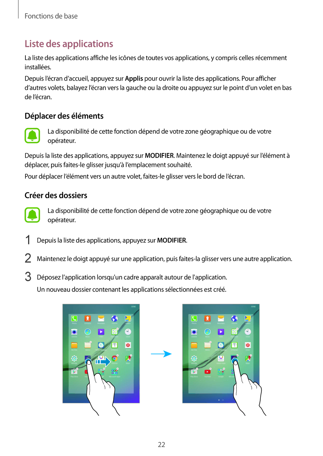 Samsung SM-T715NZWEXEF manual Liste des applications, Déplacer des éléments 