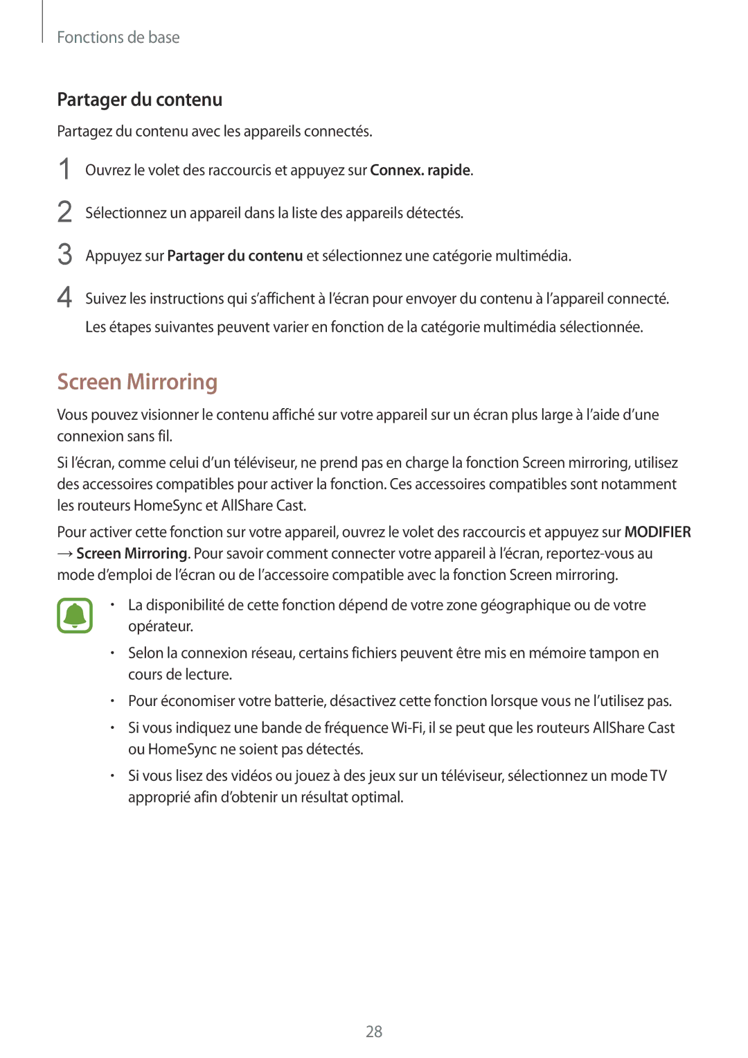 Samsung SM-T715NZWEXEF manual Screen Mirroring, Partager du contenu 