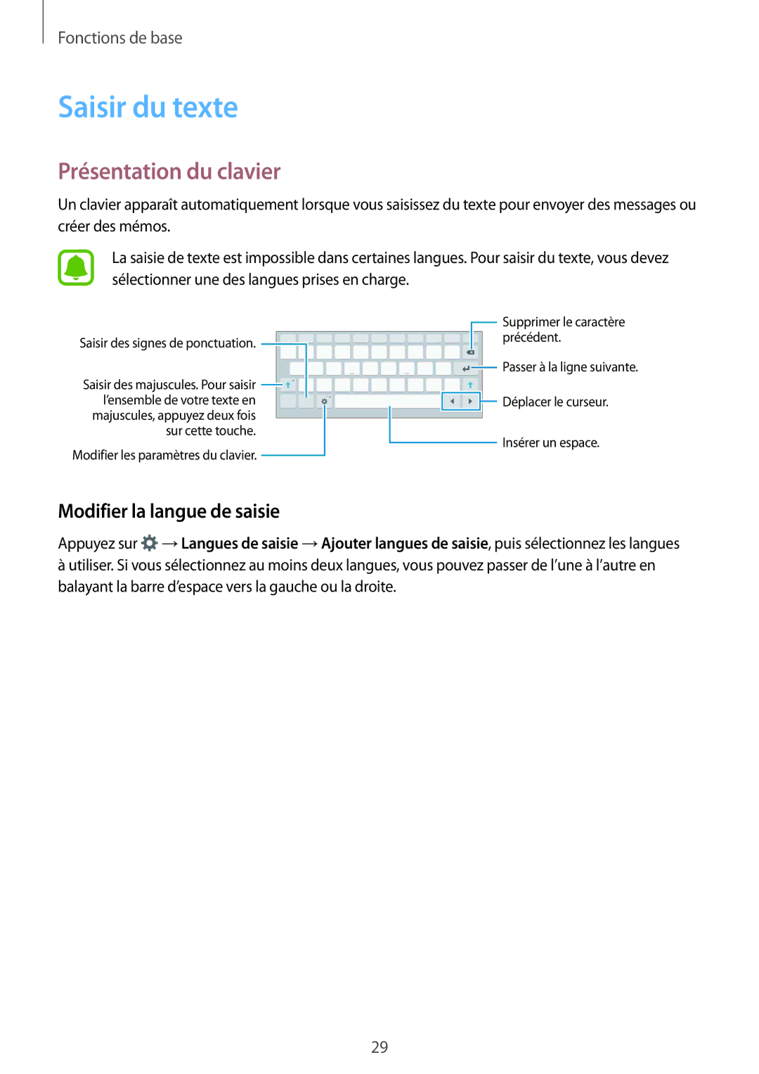 Samsung SM-T715NZWEXEF manual Saisir du texte, Présentation du clavier, Modifier la langue de saisie 