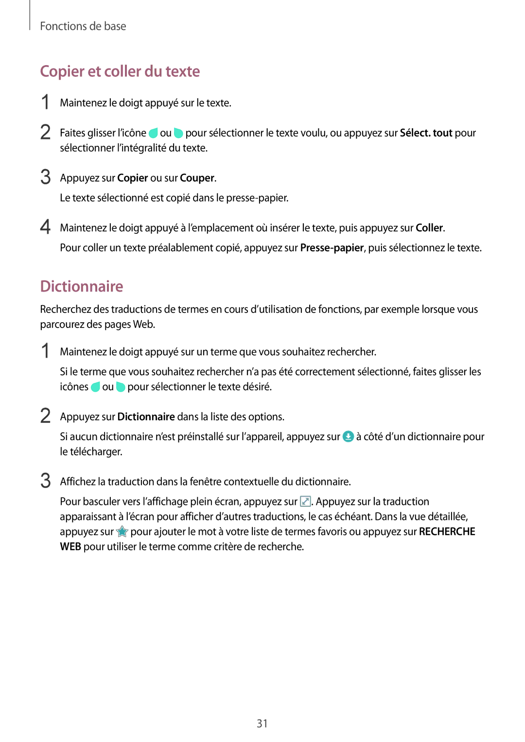 Samsung SM-T715NZWEXEF manual Copier et coller du texte, Dictionnaire 