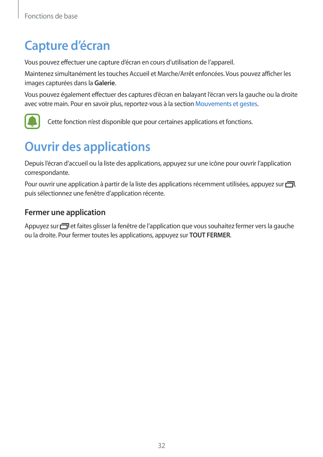Samsung SM-T715NZWEXEF manual Capture d’écran, Ouvrir des applications, Fermer une application 