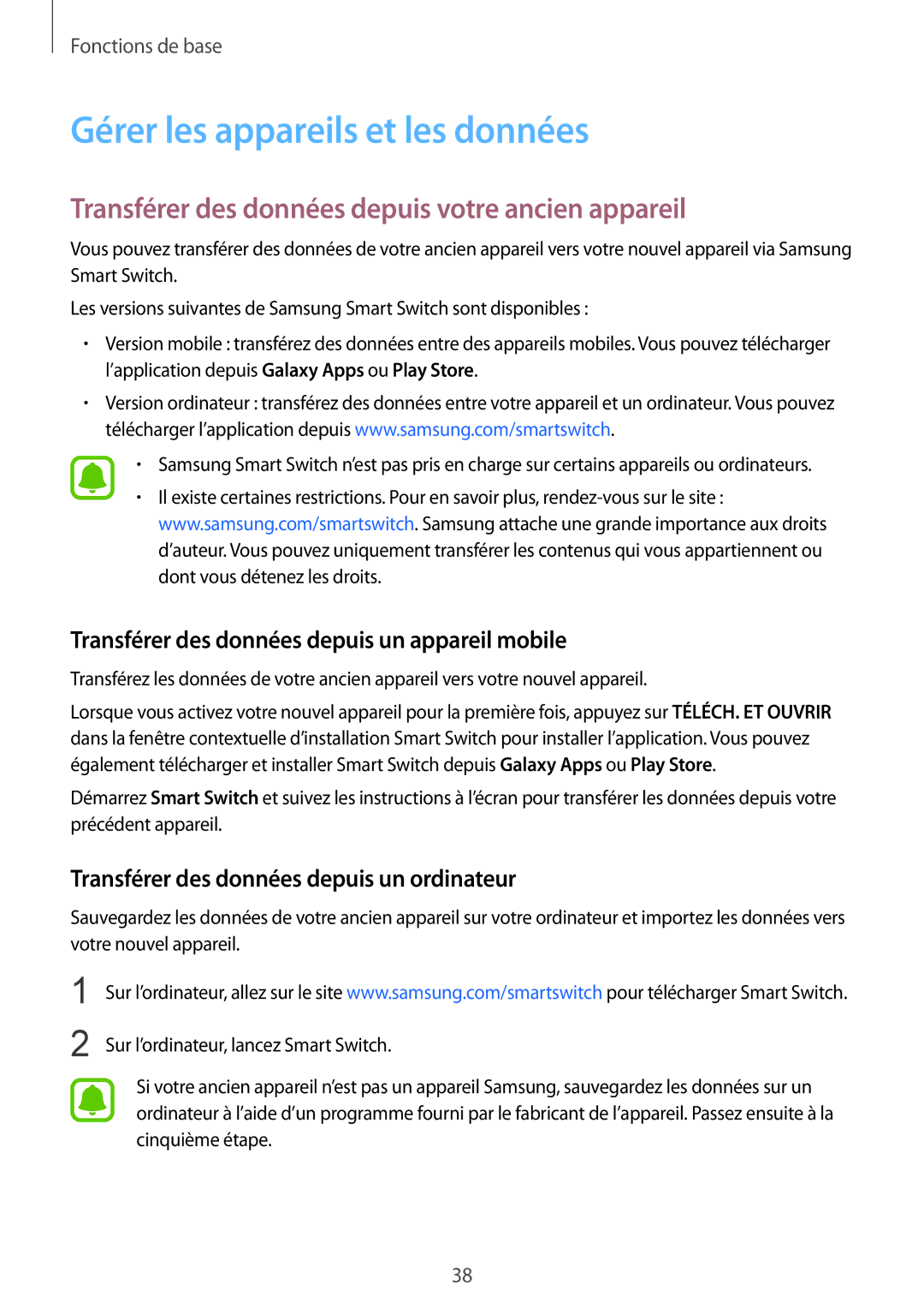 Samsung SM-T715NZWEXEF manual Gérer les appareils et les données, Transférer des données depuis votre ancien appareil 