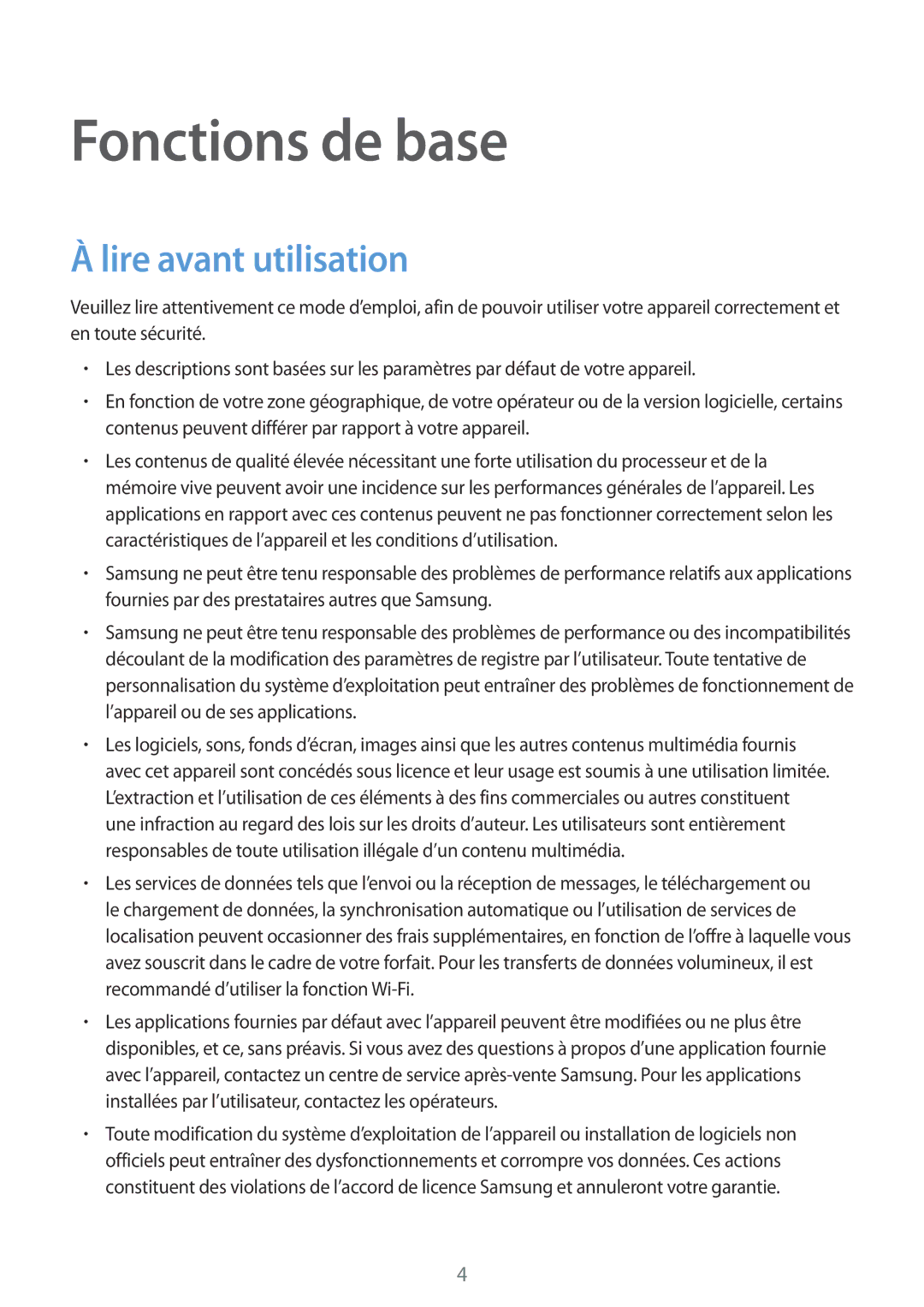 Samsung SM-T715NZWEXEF manual Fonctions de base, Lire avant utilisation 