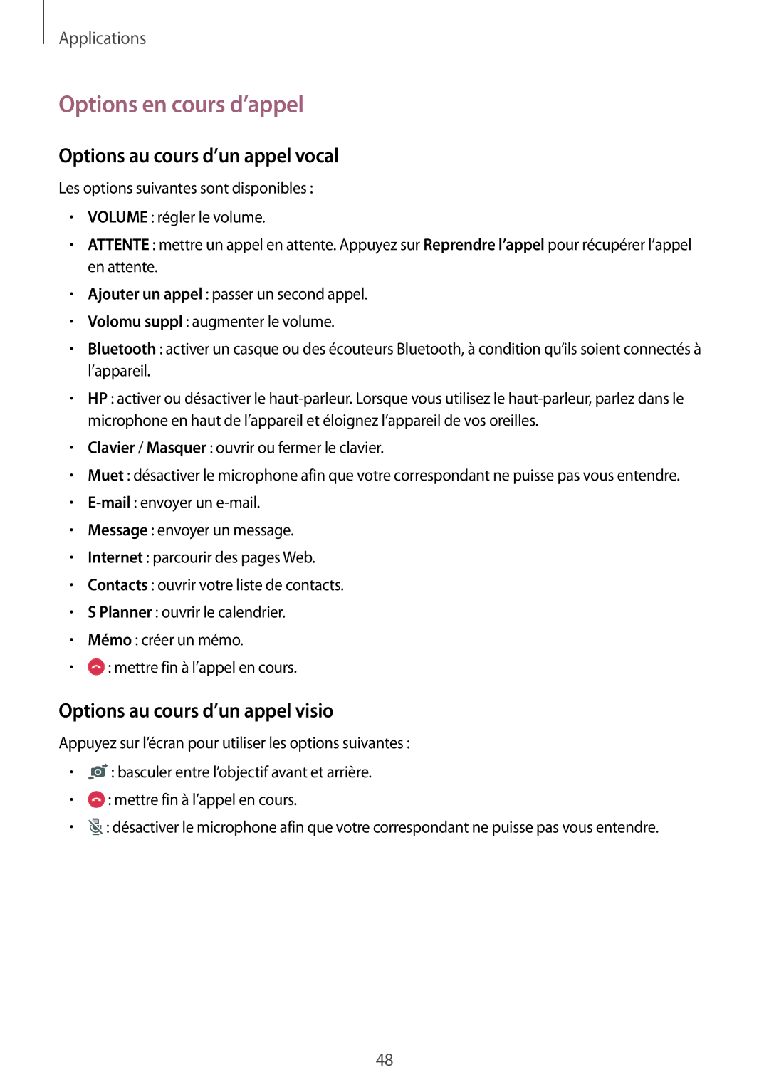 Samsung SM-T715NZWEXEF manual Options en cours d’appel, Options au cours d’un appel vocal 