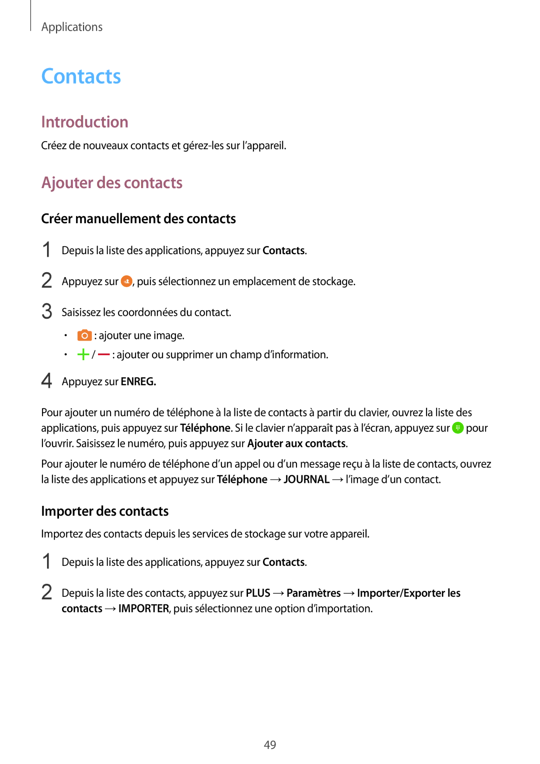 Samsung SM-T715NZWEXEF manual Contacts, Ajouter des contacts, Créer manuellement des contacts, Importer des contacts 