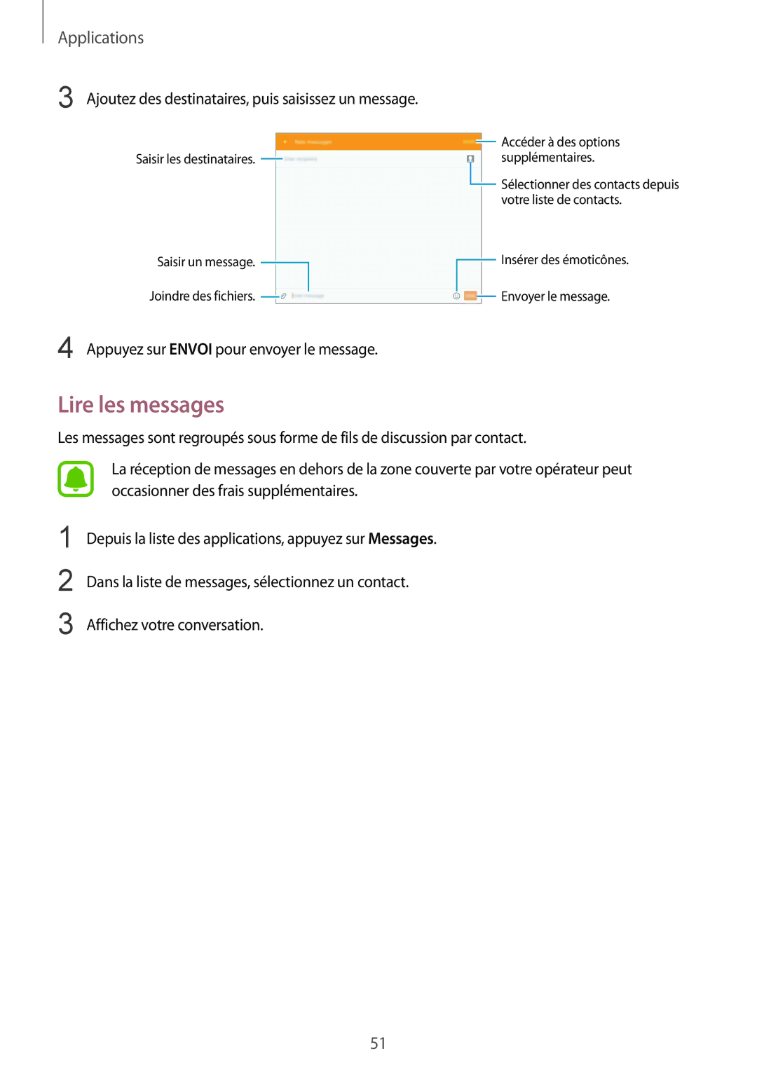 Samsung SM-T715NZWEXEF manual Lire les messages, Ajoutez des destinataires, puis saisissez un message 