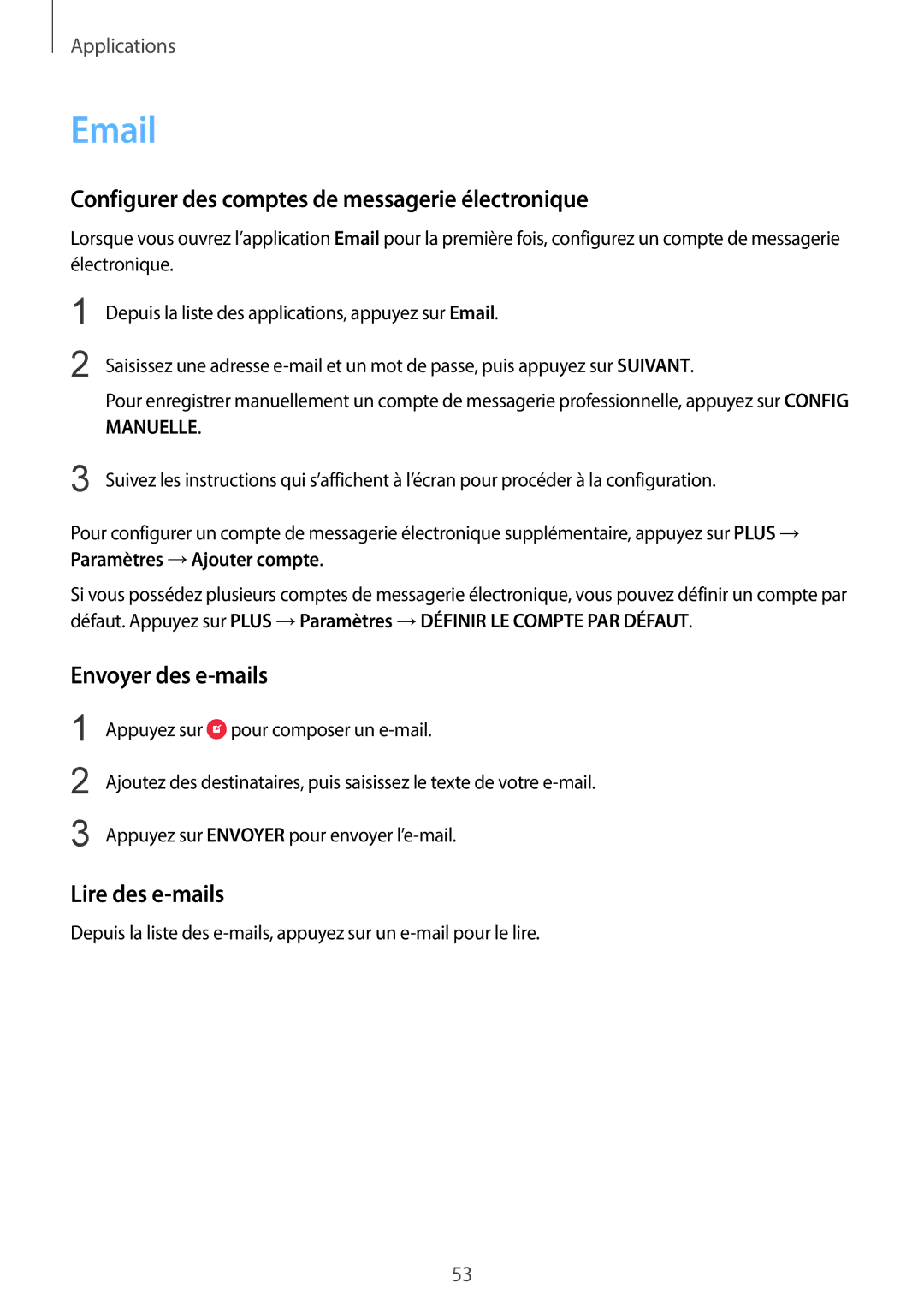 Samsung SM-T715NZWEXEF manual Configurer des comptes de messagerie électronique, Envoyer des e-mails, Lire des e-mails 