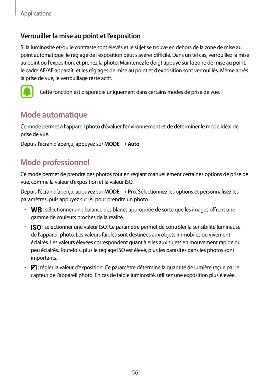 Samsung SM-T715NZWEXEF manual Mode automatique, Mode professionnel, Verrouiller la mise au point et l’exposition 