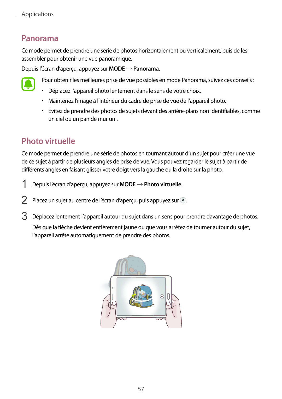 Samsung SM-T715NZWEXEF manual Panorama, Photo virtuelle 