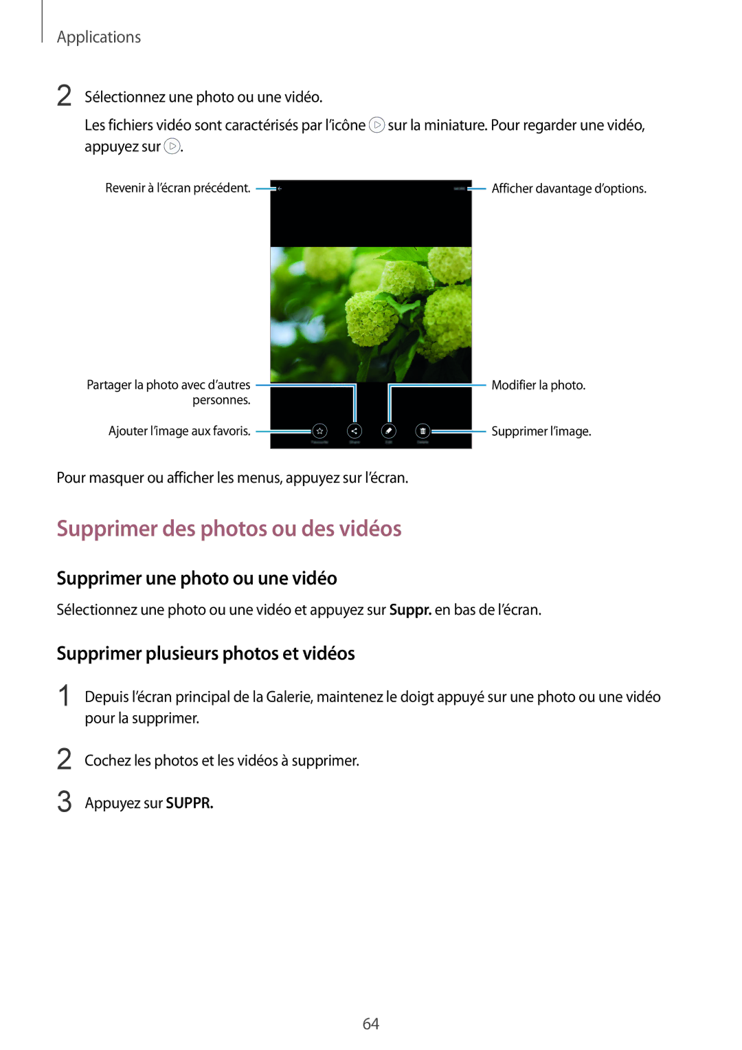 Samsung SM-T715NZWEXEF manual Supprimer des photos ou des vidéos, Supprimer une photo ou une vidéo 