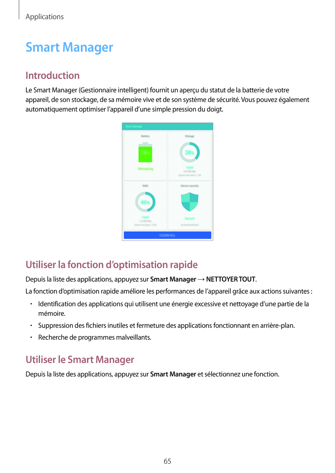 Samsung SM-T715NZWEXEF manual Utiliser la fonction d’optimisation rapide, Utiliser le Smart Manager 