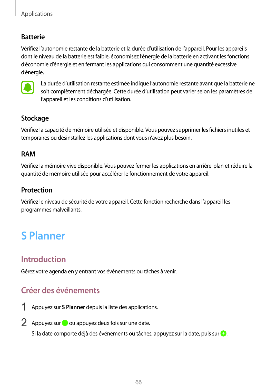 Samsung SM-T715NZWEXEF manual Planner, Créer des événements, Batterie, Stockage, Protection 