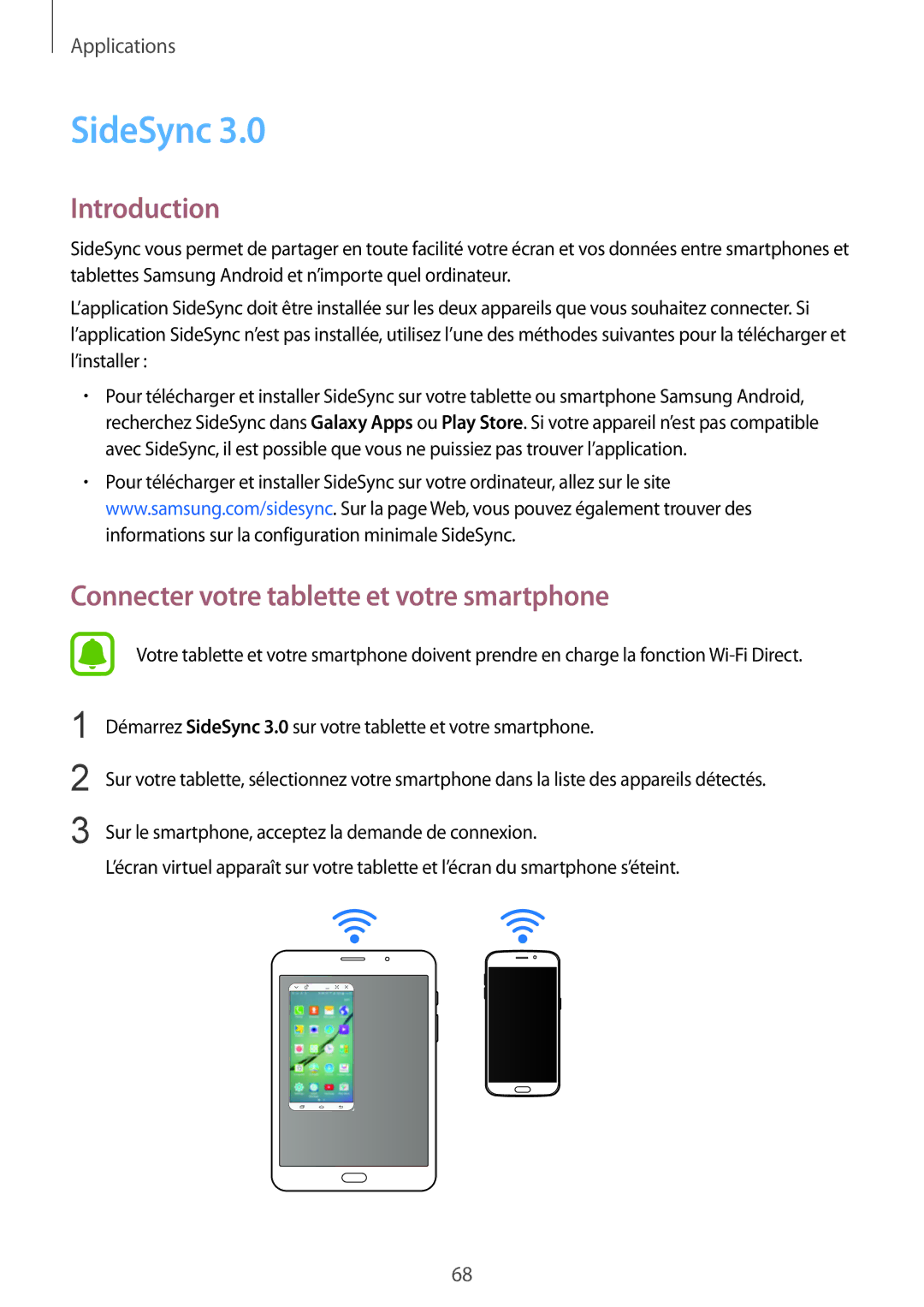 Samsung SM-T715NZWEXEF manual SideSync, Connecter votre tablette et votre smartphone 