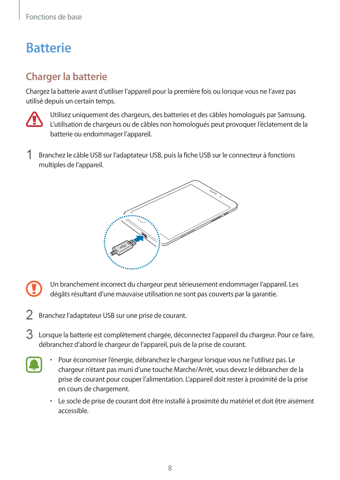 Samsung SM-T715NZWEXEF manual Batterie, Charger la batterie 