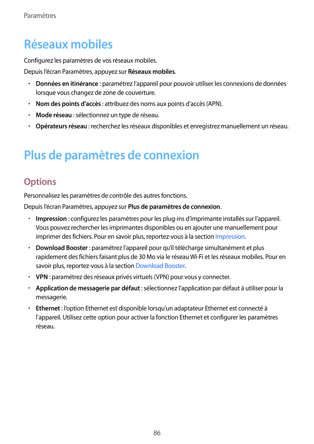 Samsung SM-T715NZWEXEF manual Réseaux mobiles, Plus de paramètres de connexion, Options 