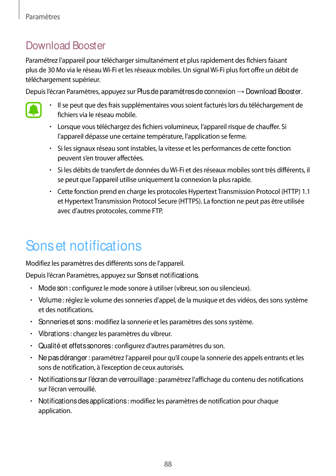 Samsung SM-T715NZWEXEF manual Sons et notifications, Download Booster 
