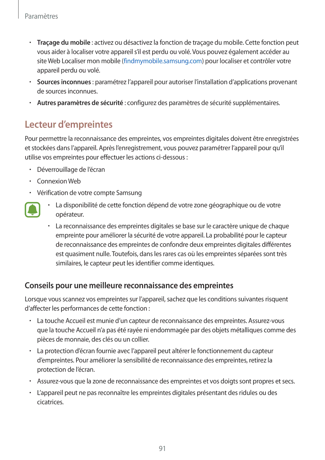 Samsung SM-T715NZWEXEF manual Lecteur d’empreintes, Conseils pour une meilleure reconnaissance des empreintes 