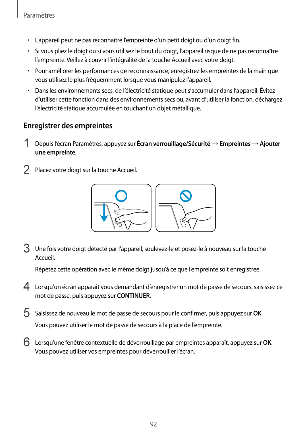 Samsung SM-T715NZWEXEF manual Enregistrer des empreintes 