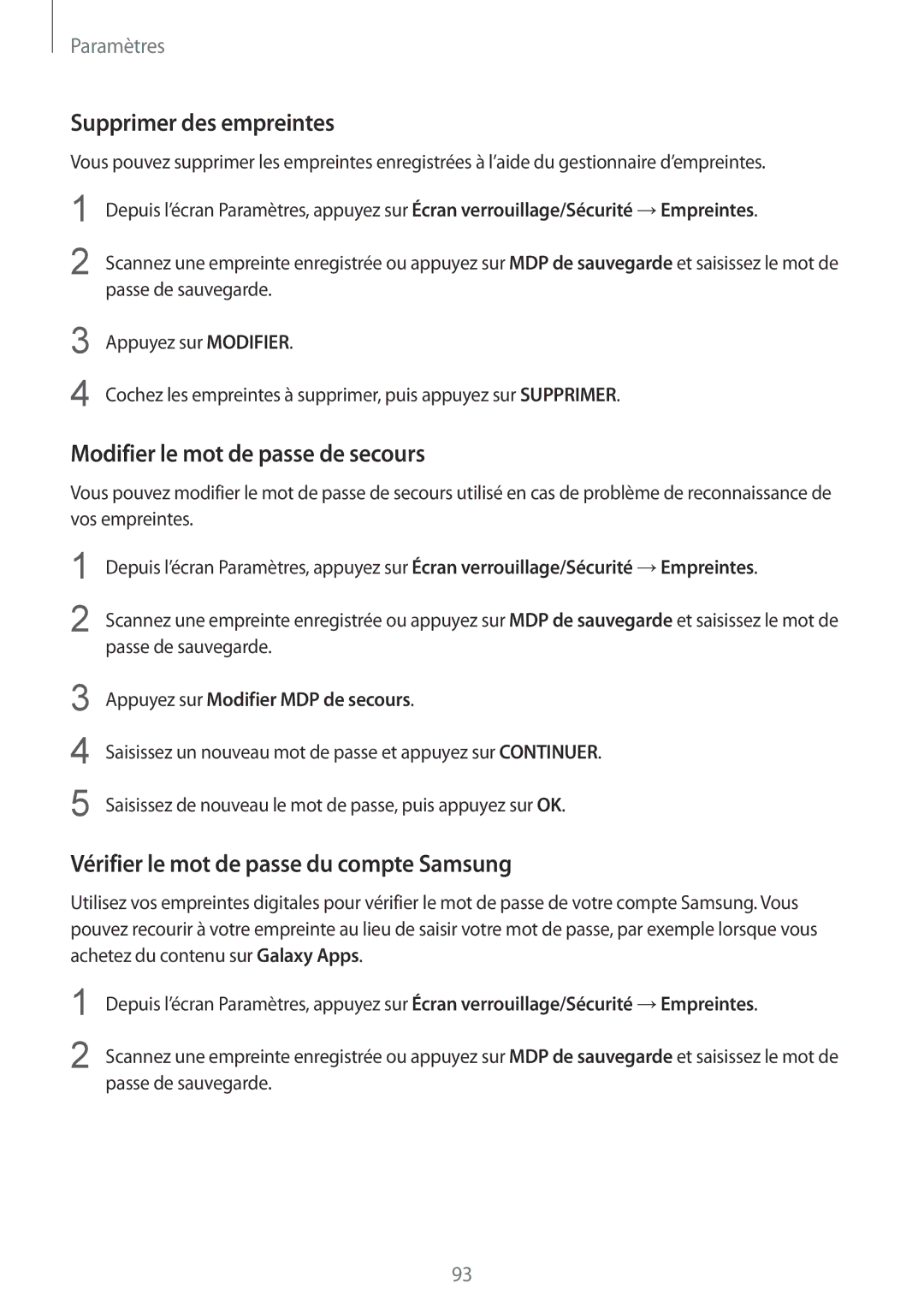 Samsung SM-T715NZWEXEF manual Supprimer des empreintes, Modifier le mot de passe de secours 