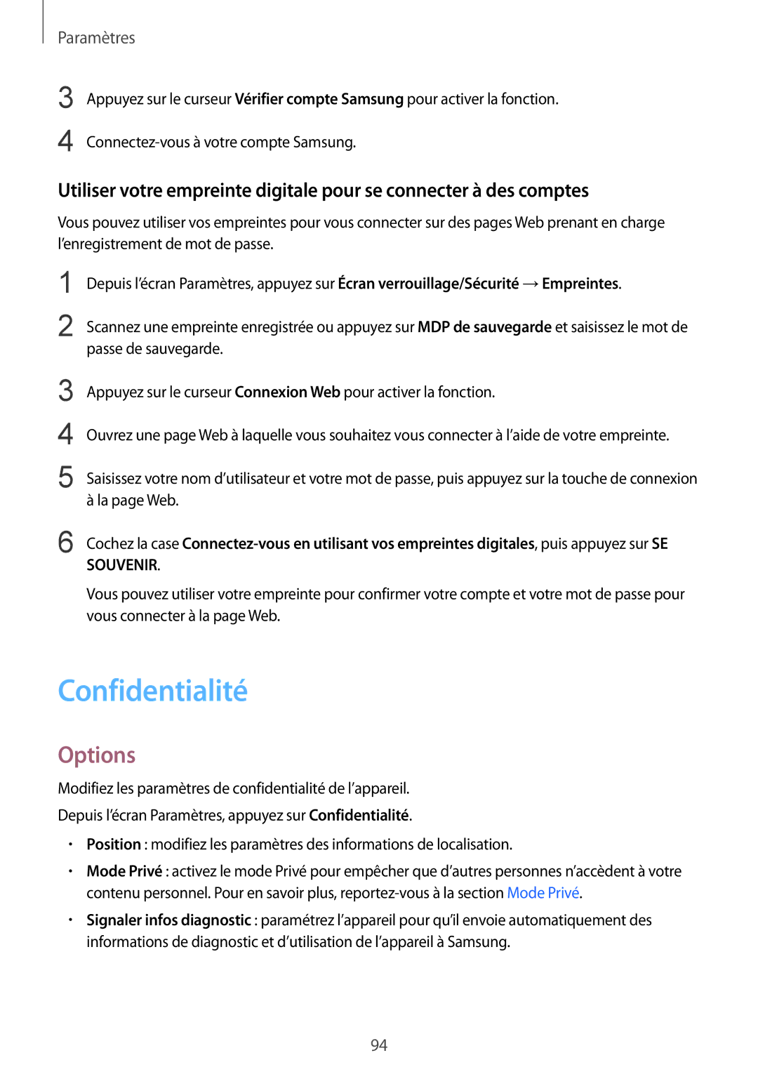 Samsung SM-T715NZWEXEF manual Confidentialité, Options 