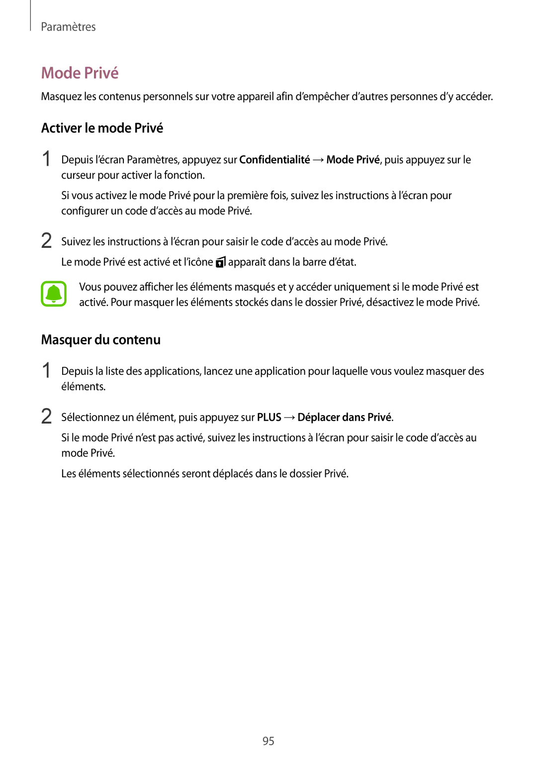 Samsung SM-T715NZWEXEF manual Mode Privé, Activer le mode Privé, Masquer du contenu 