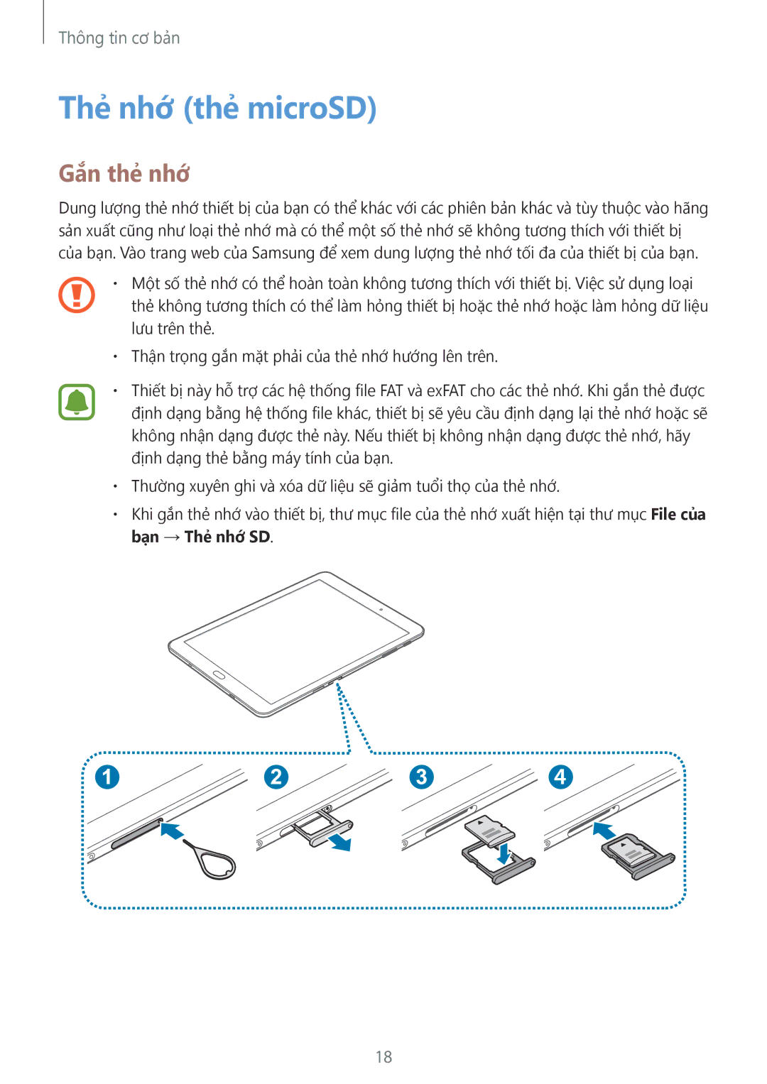 Samsung SM-T715YZKEXXV, SM-T715YZDEXXV, SM-T715YZWEXXV, SM-T815YZDEXXV, SM-T815YZWEXXV manual Thẻ nhớ thẻ microSD, Gắn thẻ nhớ 