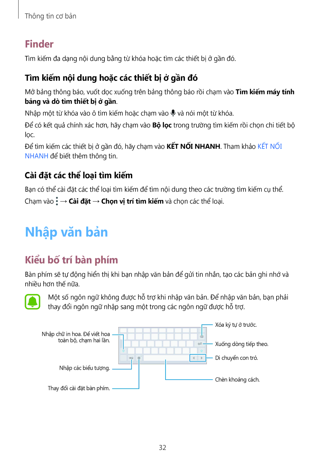 Samsung SM-T715YZWEXXV manual Nhập văn bản, Finder, Kiểu bố trí bàn phím, Tìm kiếm nội dung hoặc các thiết bị ở gần đó 