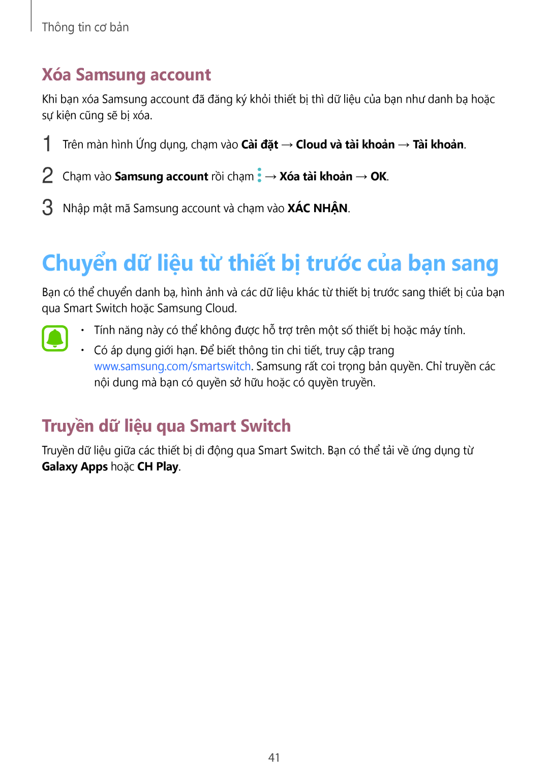 Samsung SM-T815YZKEXXV Chuyển dữ liệu từ thiết bị trước của bạn sang, Xóa Samsung account, Truyền dữ liệu qua Smart Switch 