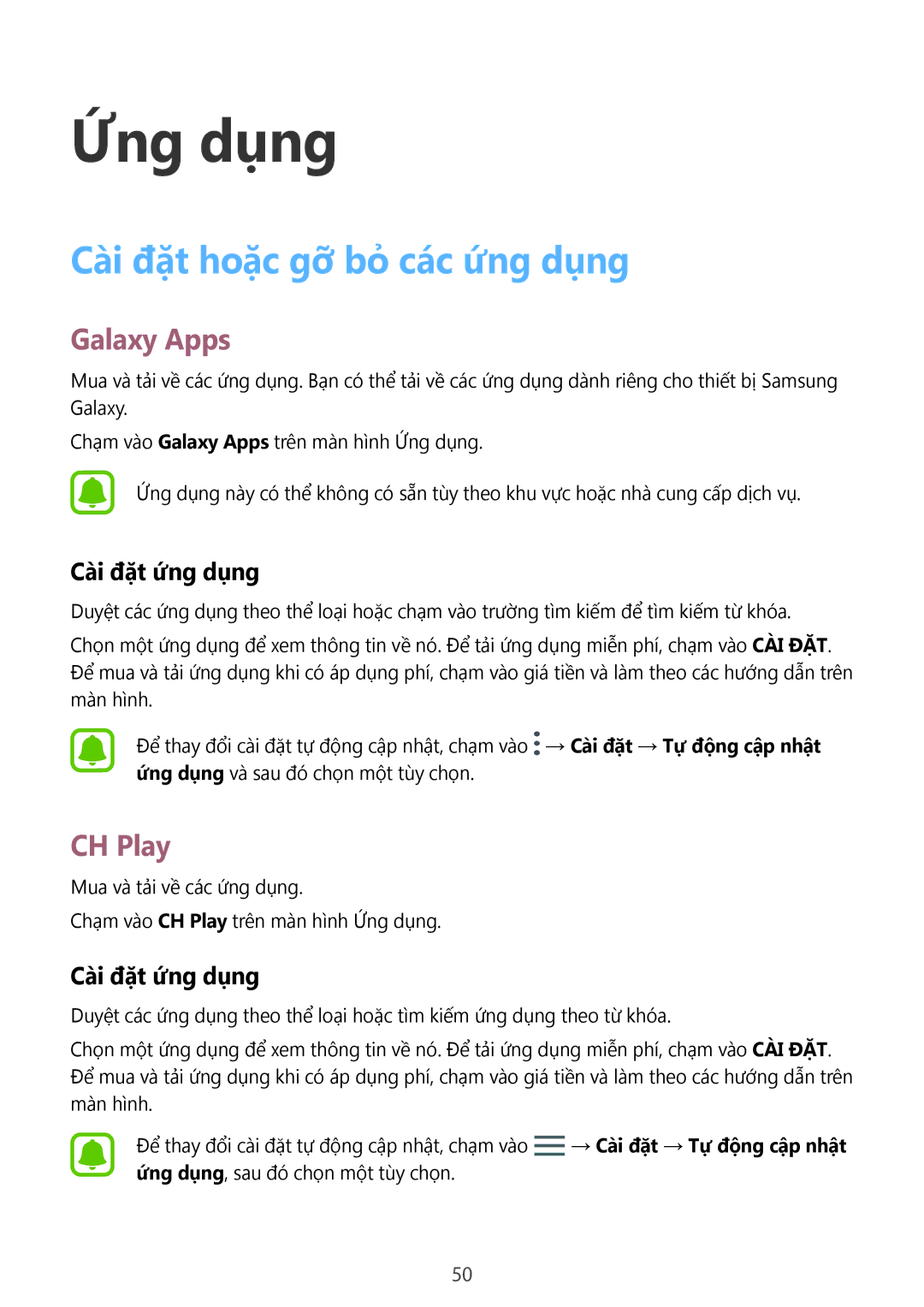 Samsung SM-T715YZWEXXV, SM-T715YZKEXXV manual Cài đặt hoặc gỡ bỏ các ứng dụng, Galaxy Apps, CH Play, Cài đặt ứng dụng 