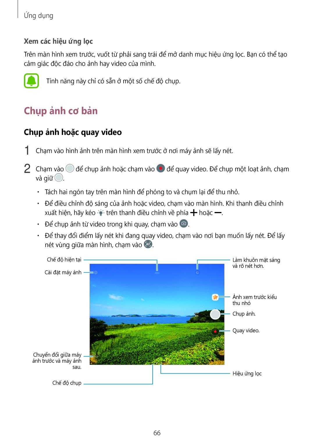 Samsung SM-T715YZKEXXV, SM-T715YZDEXXV, SM-T715YZWEXXV, SM-T815YZDEXXV manual Chụp ảnh cơ bản, Chụp ảnh hoặc quay video 