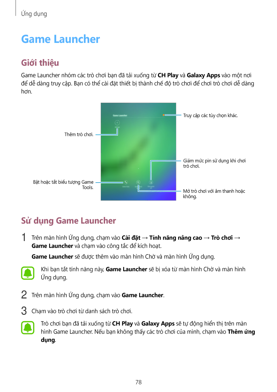 Samsung SM-T715YZKEXXV, SM-T715YZDEXXV, SM-T715YZWEXXV, SM-T815YZDEXXV, SM-T815YZWEXXV manual Sử dụng Game Launcher 