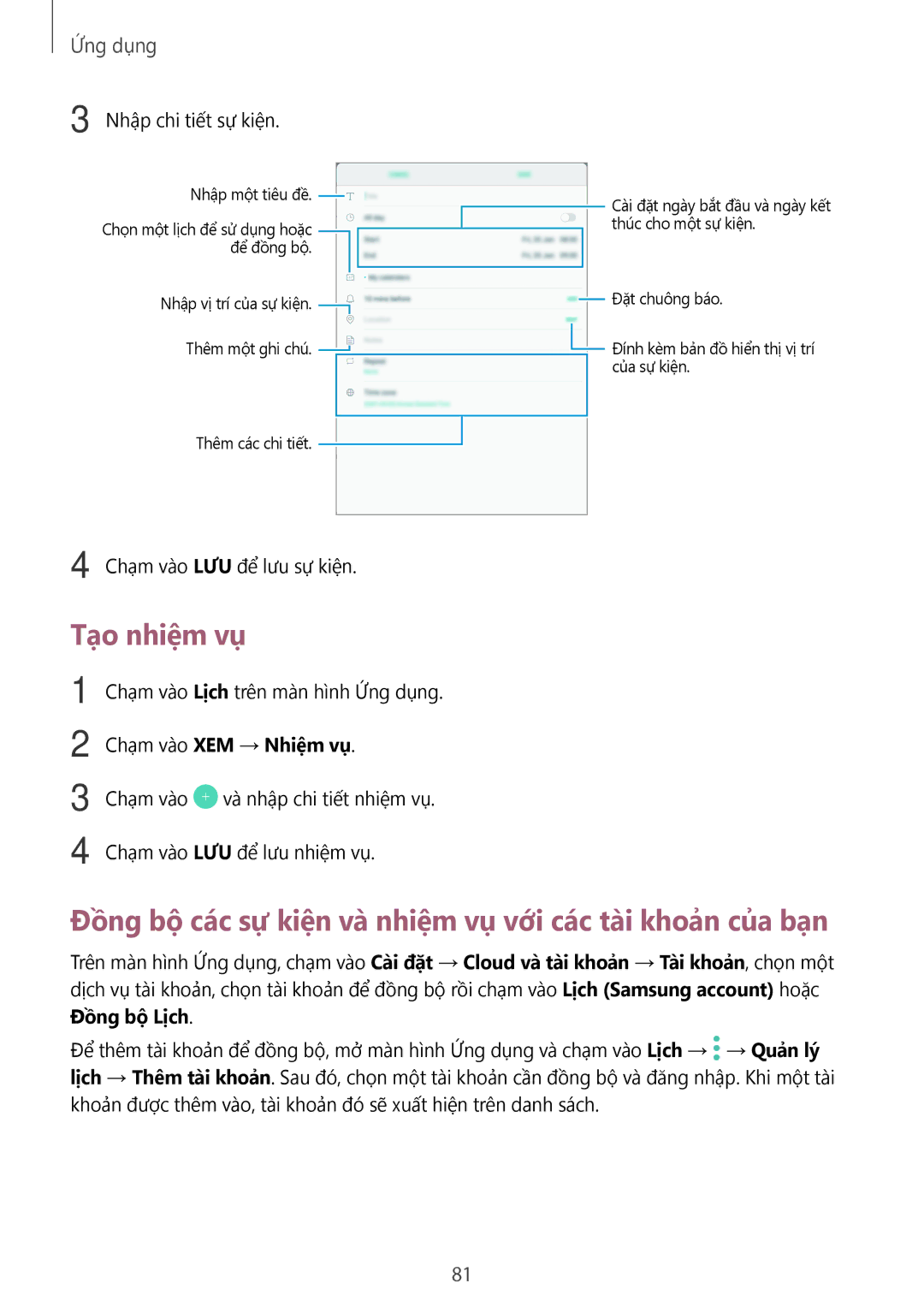 Samsung SM-T815YZDEXXV, SM-T715YZKEXXV manual Tạo nhiệm vụ, Đồng bộ các sự kiện và nhiệm vụ với các tài khoản của bạn 