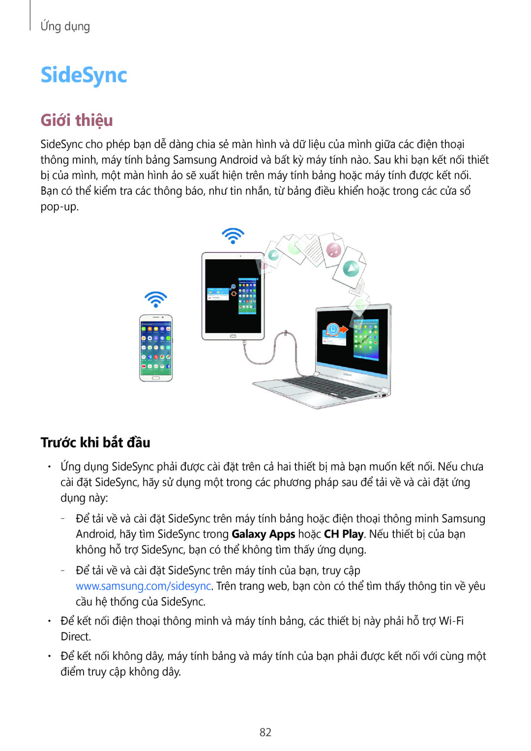 Samsung SM-T815YZWEXXV, SM-T715YZKEXXV, SM-T715YZDEXXV, SM-T715YZWEXXV, SM-T815YZDEXXV manual SideSync, Trước khi bắt đầu 