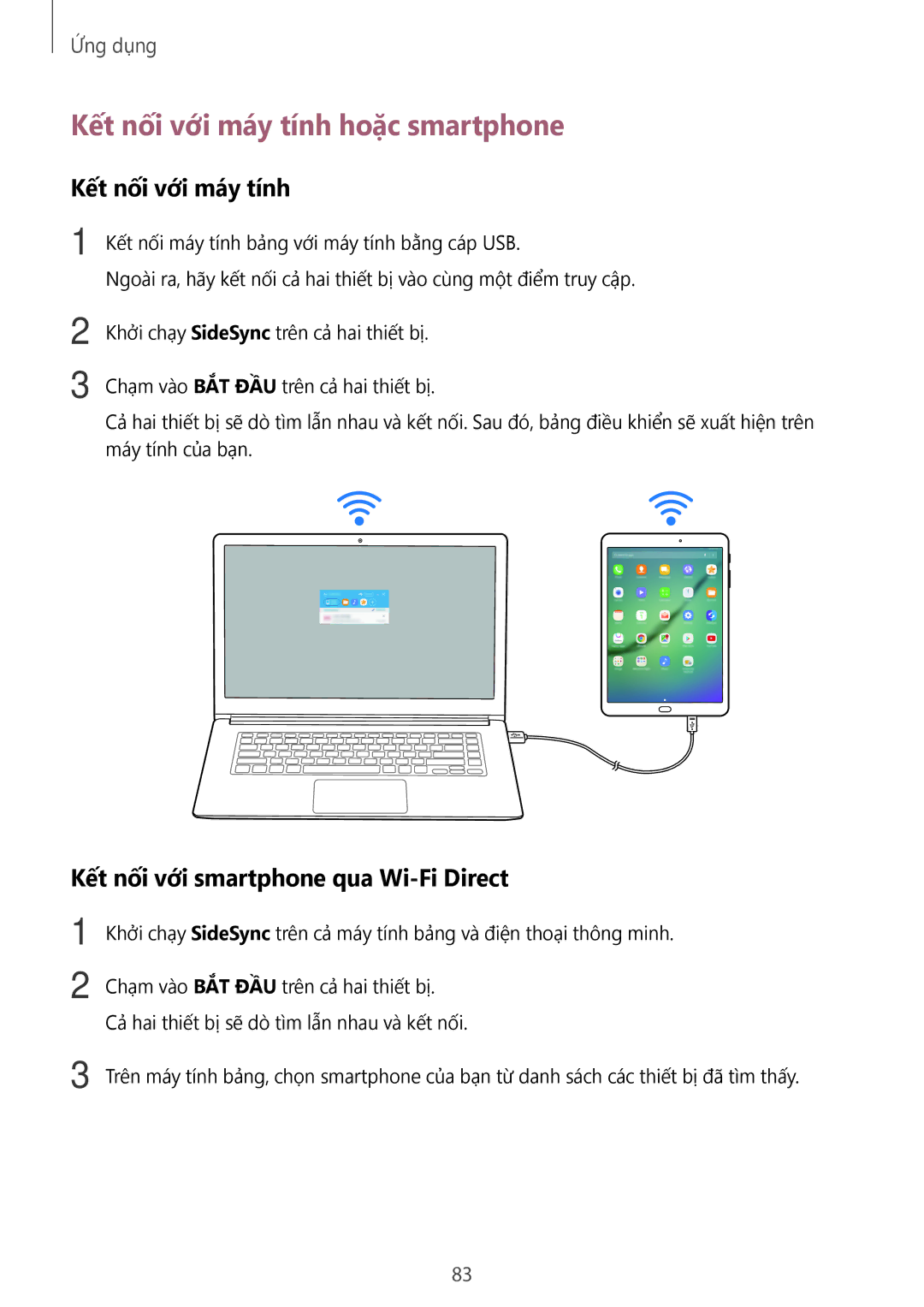 Samsung SM-T815YZKEXXV, SM-T715YZKEXXV manual Kết nối với máy tính hoặc smartphone, Kết nối với smartphone qua Wi-Fi Direct 