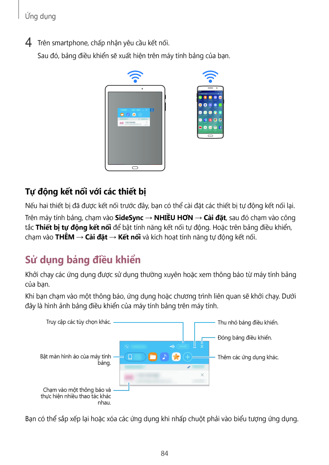 Samsung SM-T715YZKEXXV, SM-T715YZDEXXV, SM-T715YZWEXXV manual Sử dụng bảng điều khiển, Tự động kết nối với các thiết bị 