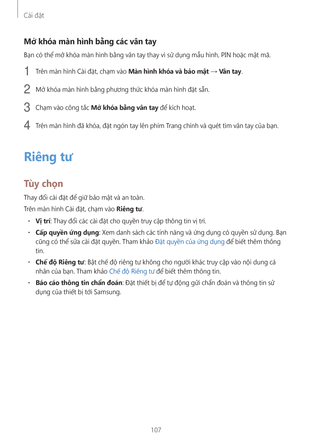 Samsung SM-T815YZKEXXV, SM-T715YZKEXXV, SM-T715YZDEXXV, SM-T715YZWEXXV manual Riêng tư, Mở khóa mà̀n hình bằng các vân tay 