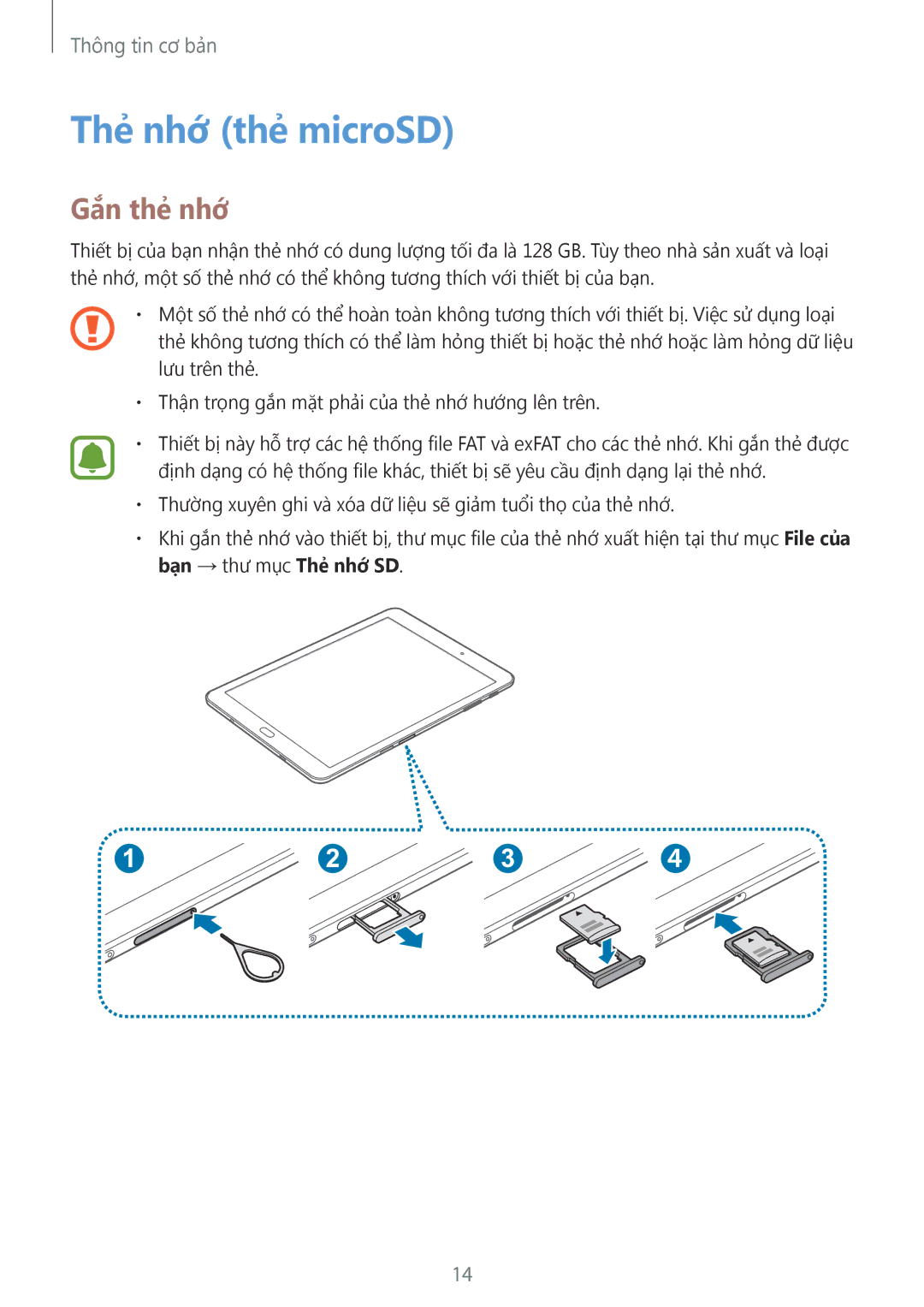 Samsung SM-T715YZWEXXV, SM-T715YZKEXXV, SM-T715YZDEXXV, SM-T815YZDEXXV, SM-T815YZWEXXV manual Thẻ nhớ thẻ microSD, Gắn thẻ nhớ 