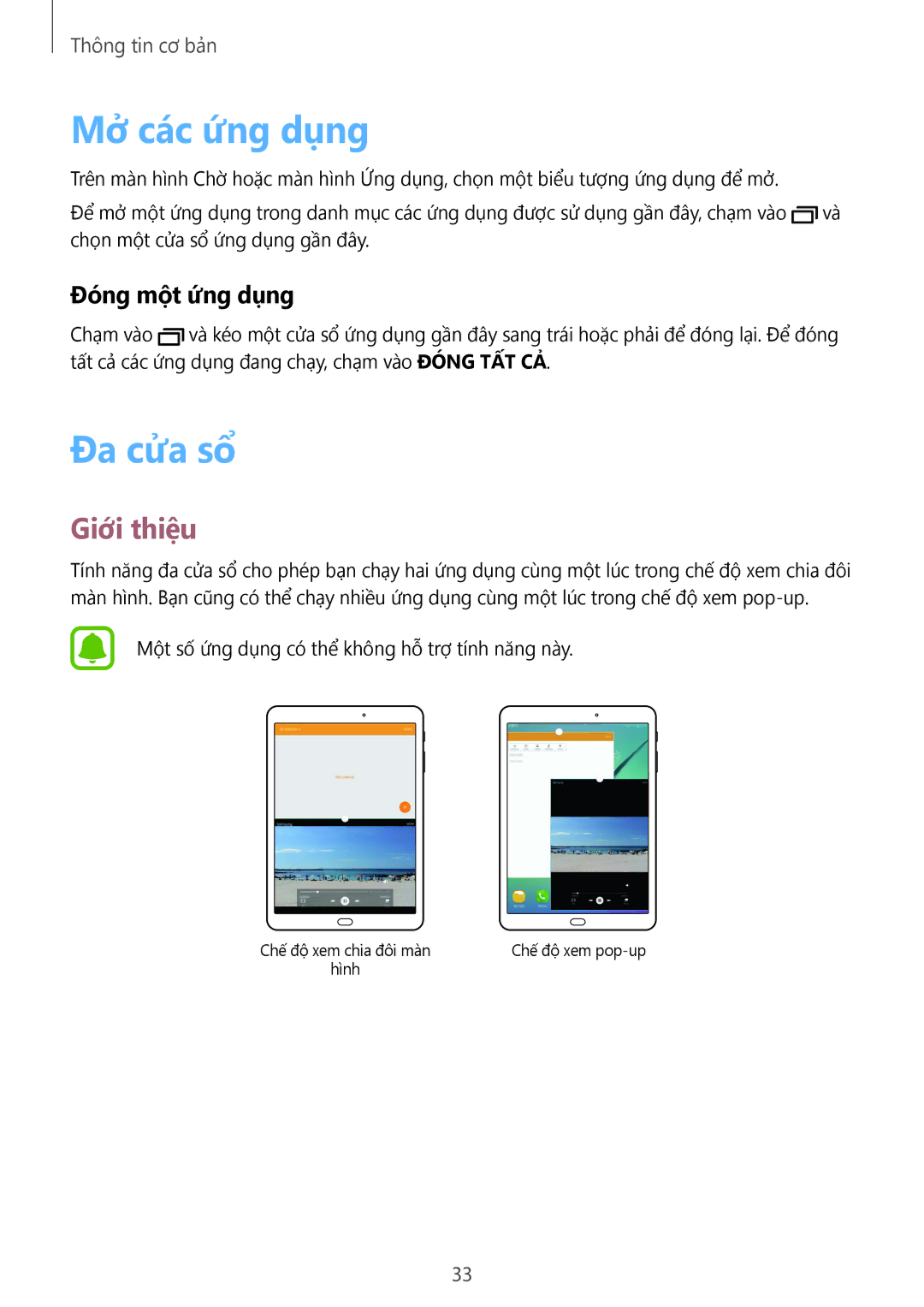 Samsung SM-T815YZDEXXV, SM-T715YZKEXXV, SM-T715YZDEXXV manual Mở các ứng dụng, Đa cửa sổ, Giới thiệu, Đóng một ứng dụng 