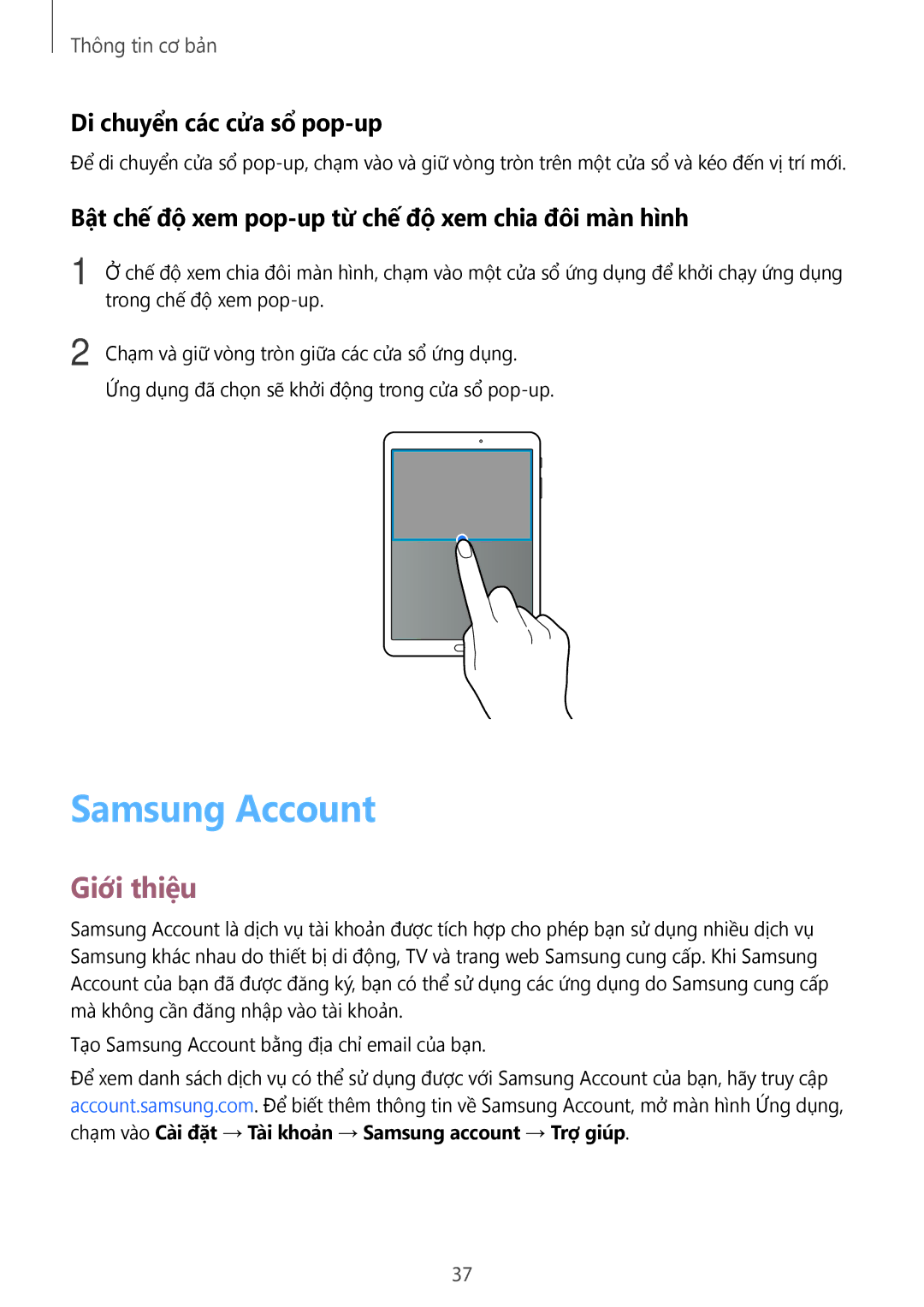 Samsung SM-T715YZDEXXV, SM-T715YZKEXXV, SM-T715YZWEXXV, SM-T815YZDEXXV manual Samsung Account, Di chuyển các cửa sổ pop-up 