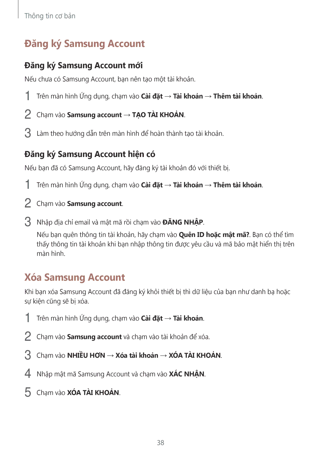 Samsung SM-T715YZWEXXV manual Xóa Samsung Account, Đăng ký Samsung Account mới, Đăng ký Samsung Account hiện có 