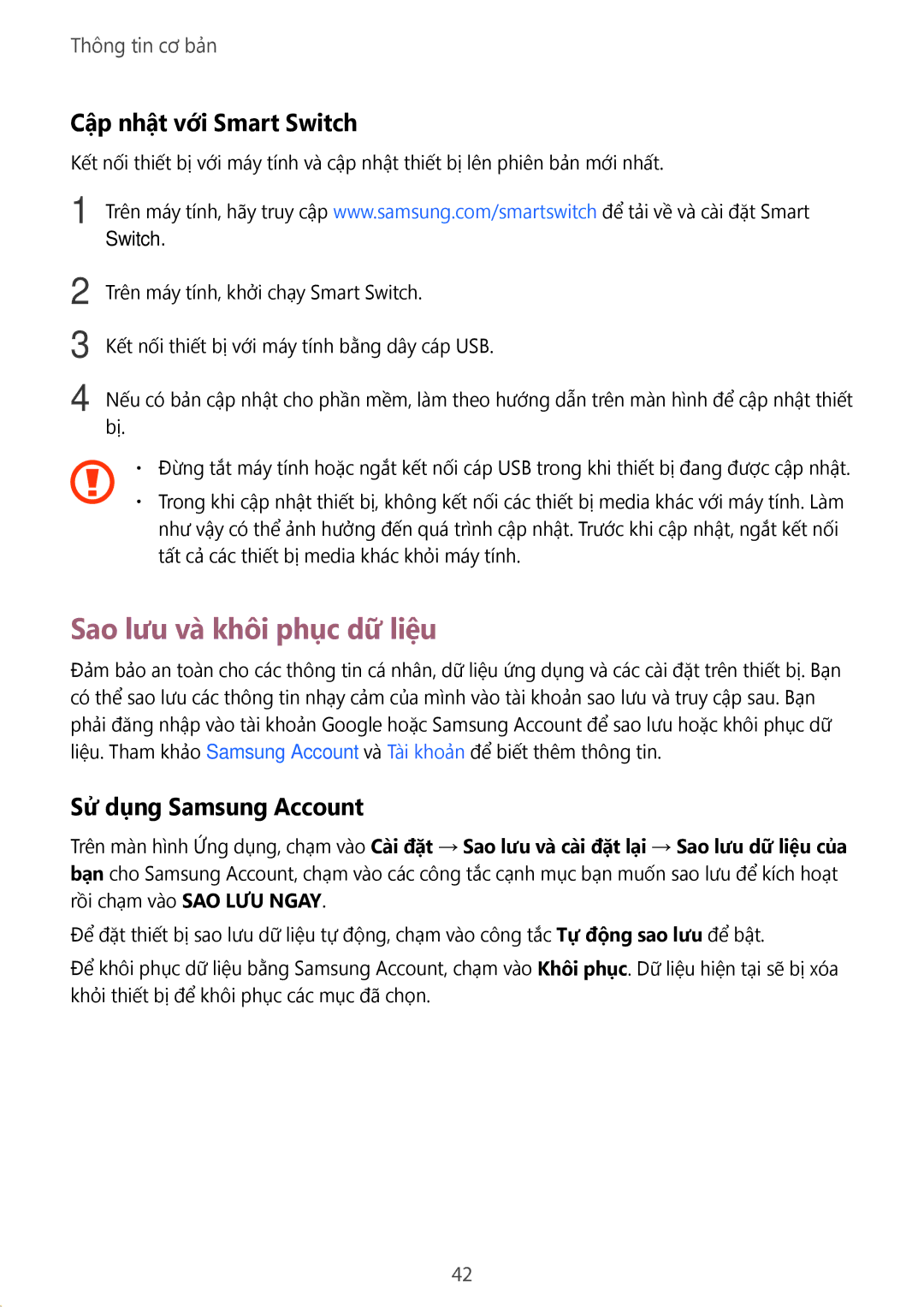 Samsung SM-T715YZKEXXV, SM-T715YZDEXXV Sao lưu và̀ khôi phục dữ liệu, Cập nhật với Smart Switch, Sử dụng Samsung Account 